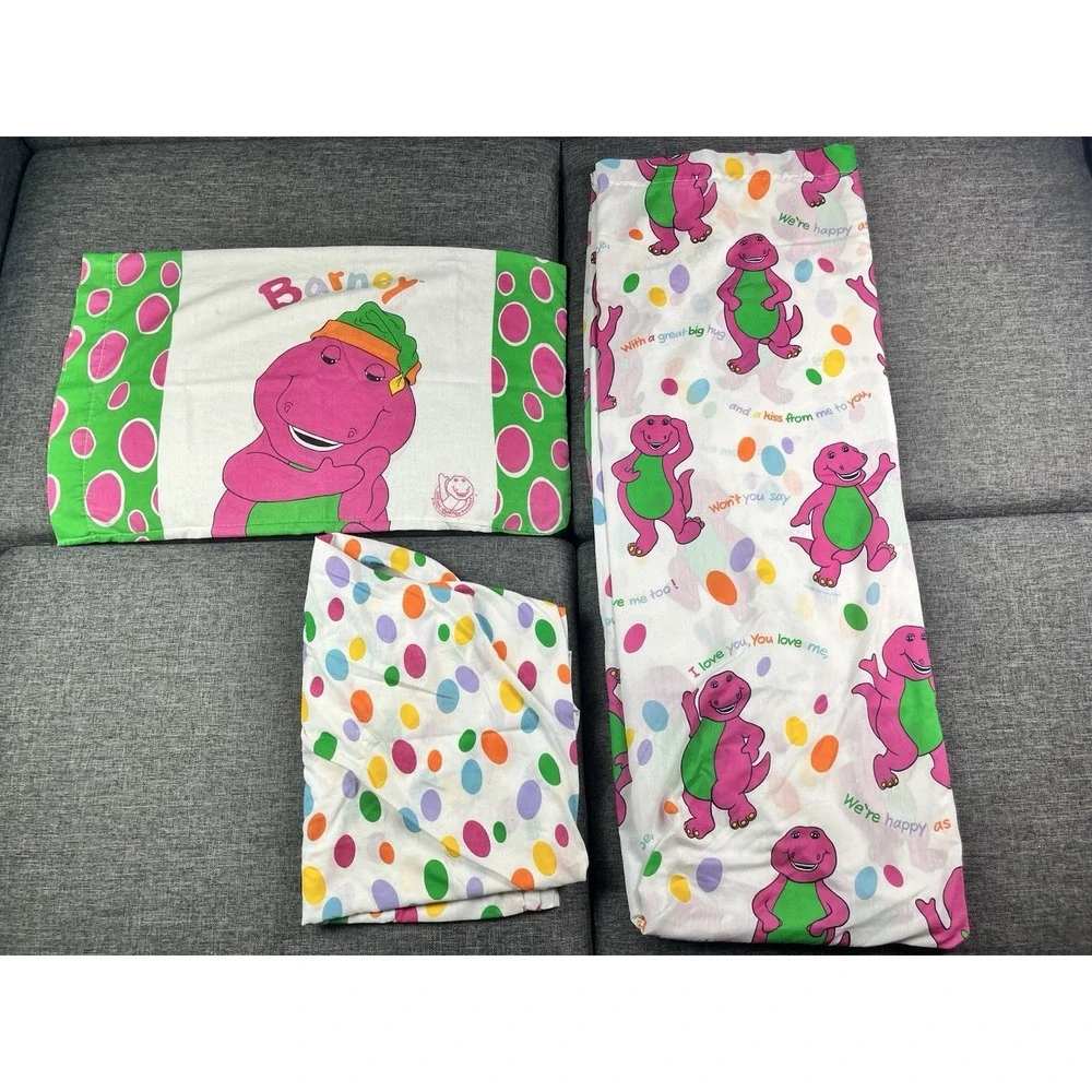 Barney Twin Sheet Set 3 Pieces Fitted Flat Sheet Pillowcase 1992 Vintage